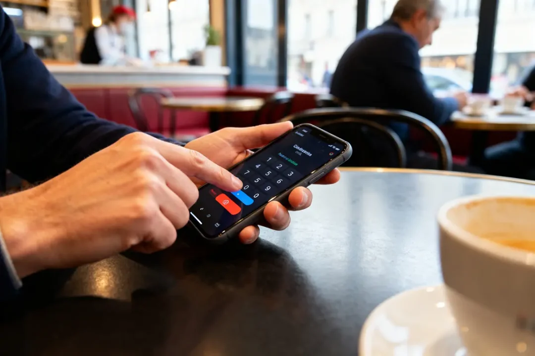Personne utilisant un smartphone pour effectuer un paiement PSC dans un café local