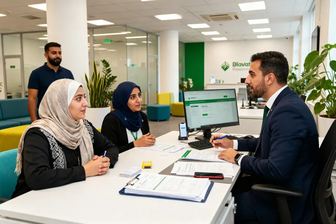 Les clients discutent d'un prêt à taux zéro en banque islamique avec le conseiller financier