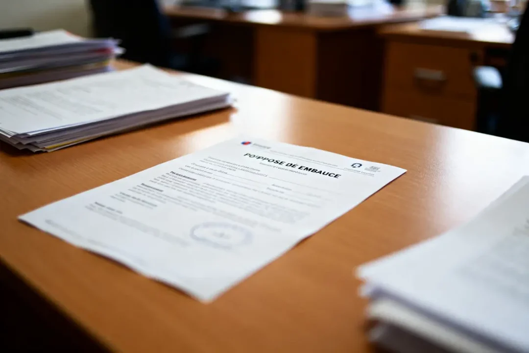 Document de promesse d'embauche posé sur un bureau en bois avec des papiers empilés