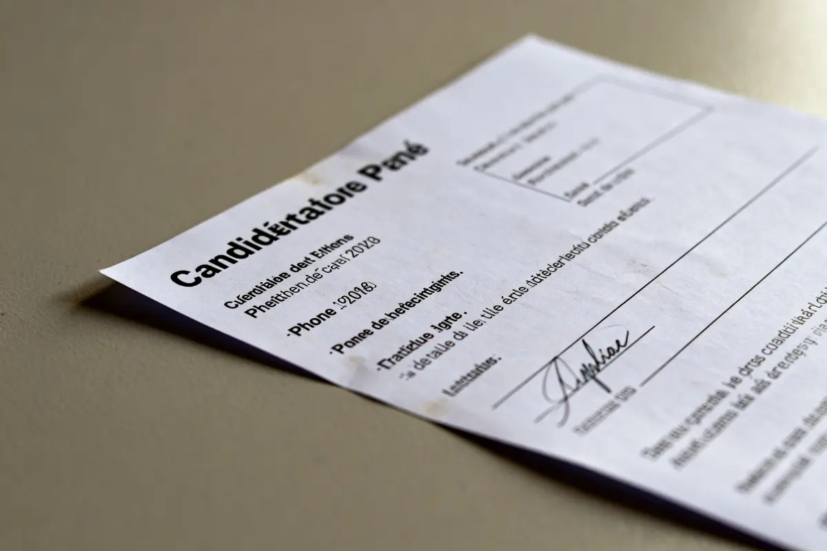 Document de candidature signé posée sur une table récapitulatif de votre candidature signé