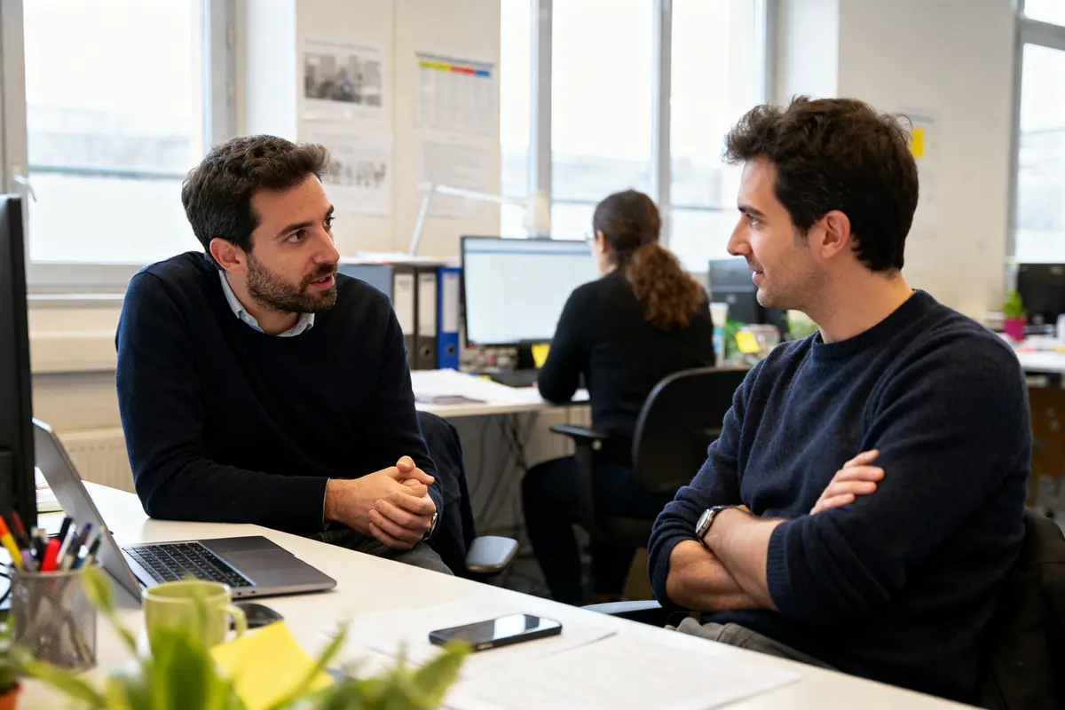Des collègues discutent de rtt en interim dans un bureau moderne et lumineux