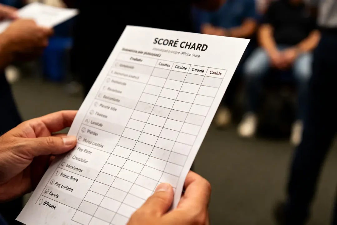Document montrant un scorecard de productivité dans une réunion avec participants flous en arrière-plan