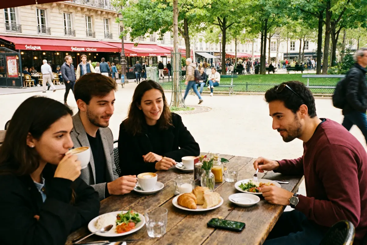 Groupe d'amis partageant un café en terrasse, parfait pour stories IG dynamiques et conviviales