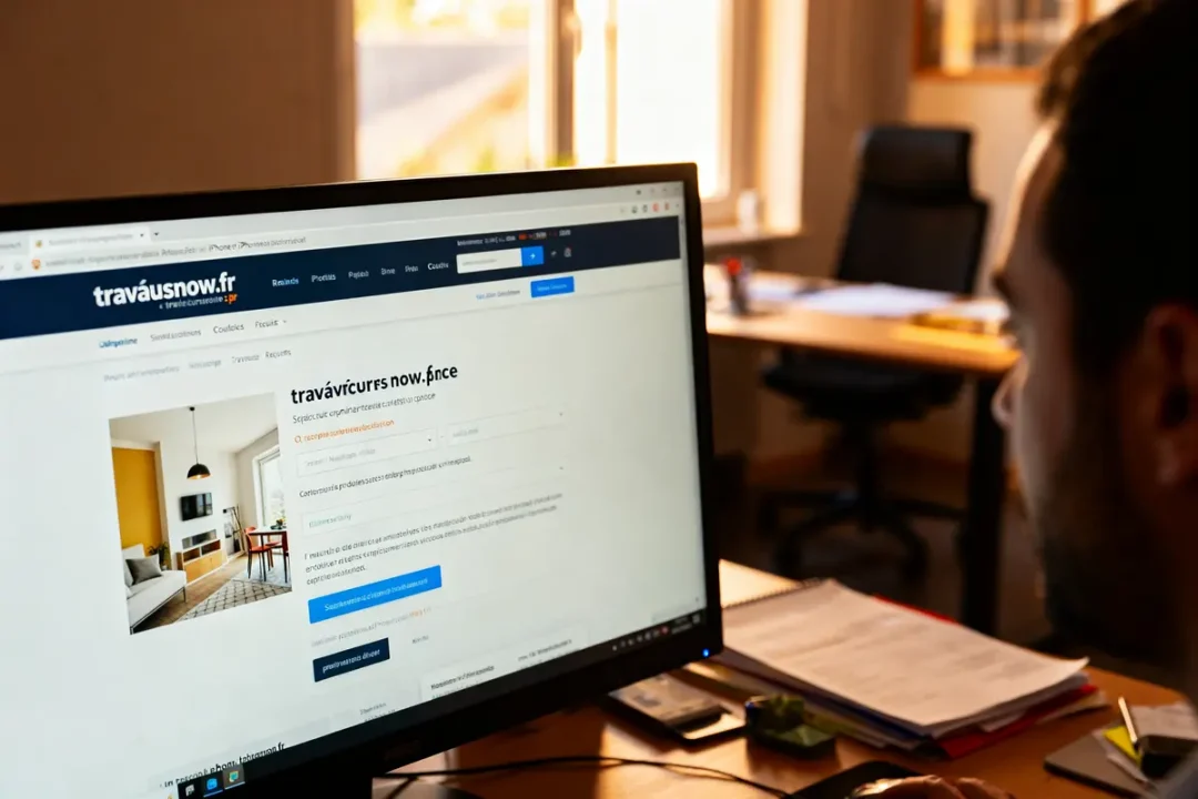 Homme consultant travauxnow.fr sur écran d'ordinateur dans un bureau ensoleillé