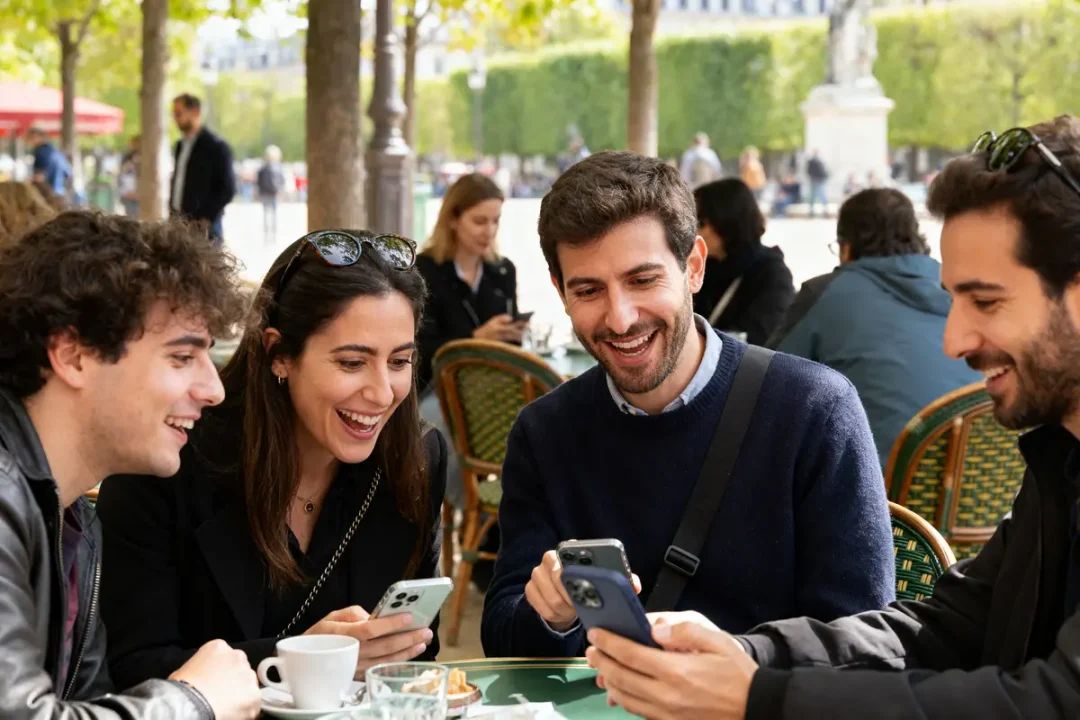 Je vois quatre personnes partageant joyeusement vite mon prénom 2022 test gratuit sur leurs téléphones