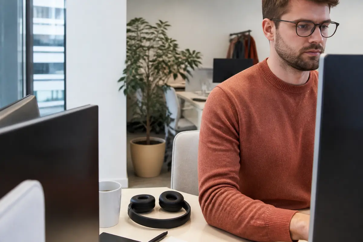 Homme travaillant au bureau, convertissant 30000 euros brut en net sur ordinateur portable.