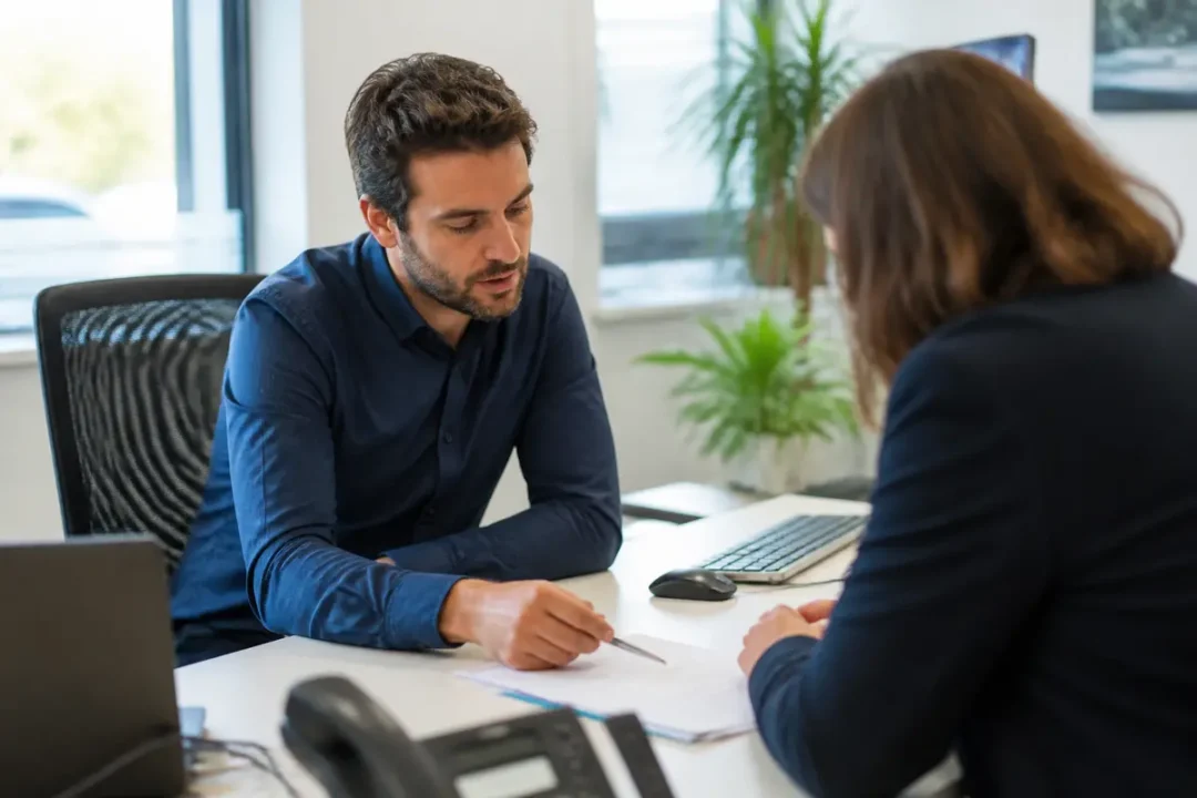 Deux personnes discutent à un bureau sur le projet CA35 dans un bureau moderne