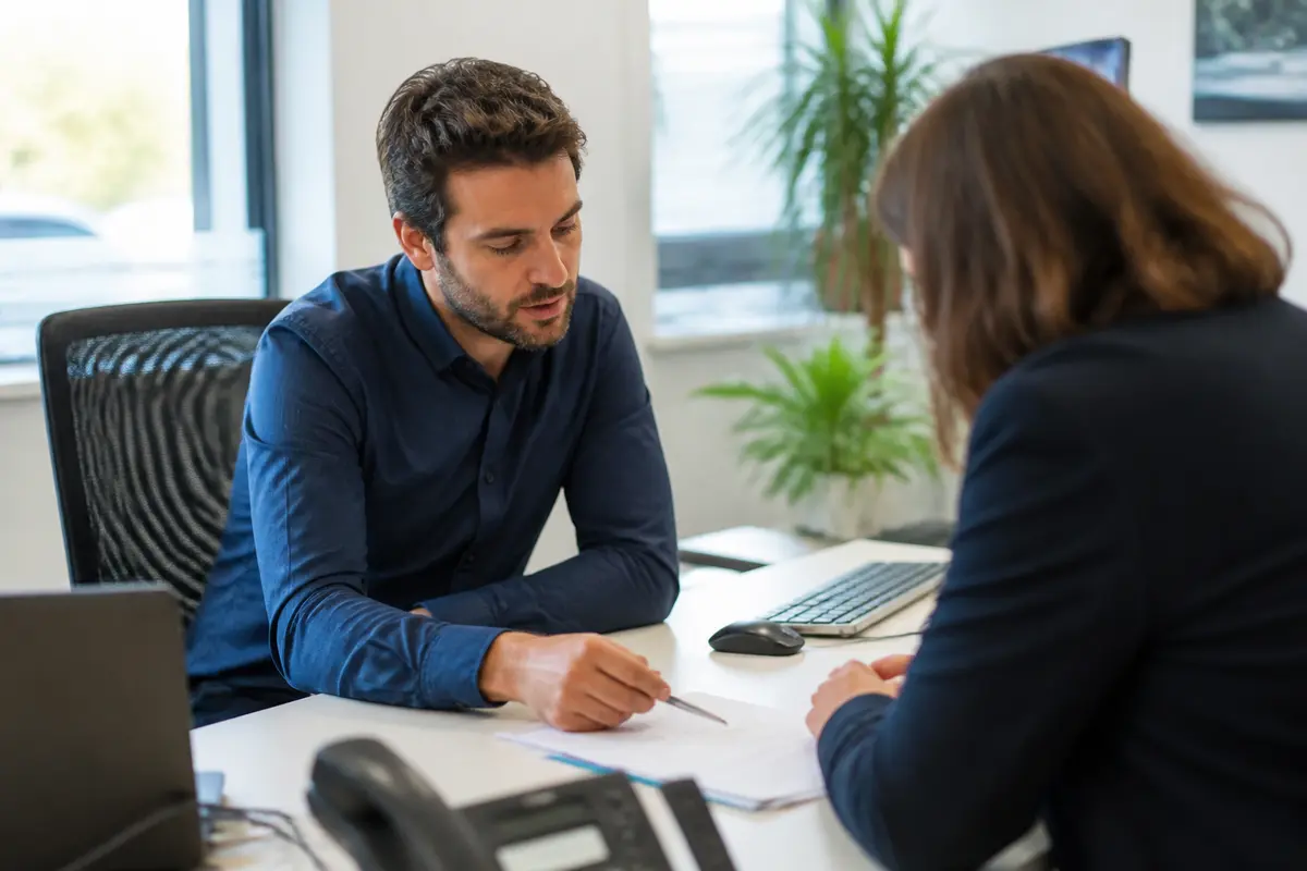 Deux personnes discutent à un bureau sur le projet CA35 dans un bureau moderne