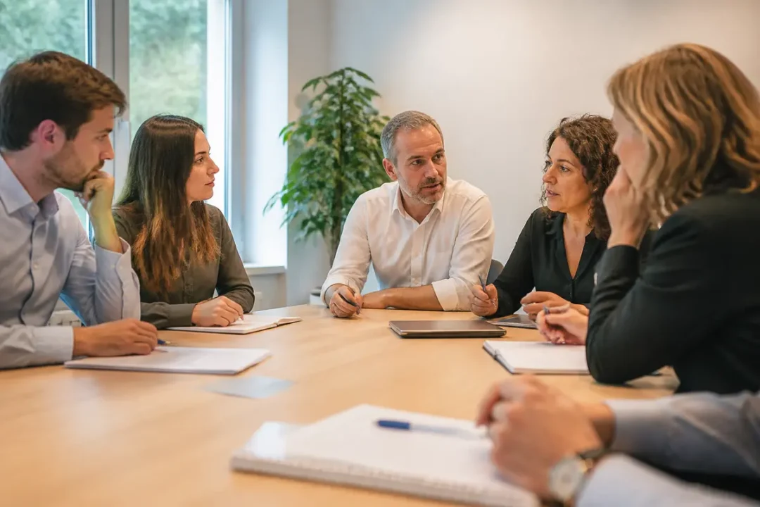 Groupe discutant projet pour CSE CA CIB autour d'une table de réunion moderne