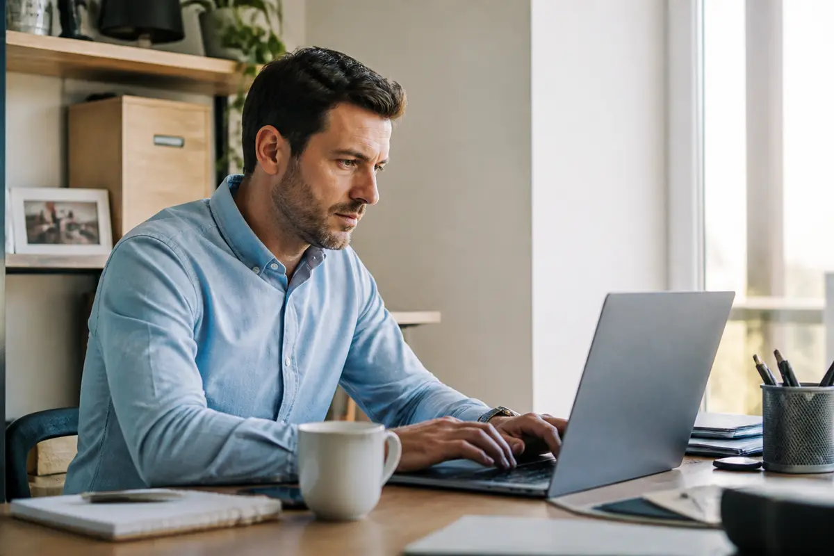 Homme travaillant sur ordinateur portable dans un bureau lumineux Cadres Plus visible derrière lui