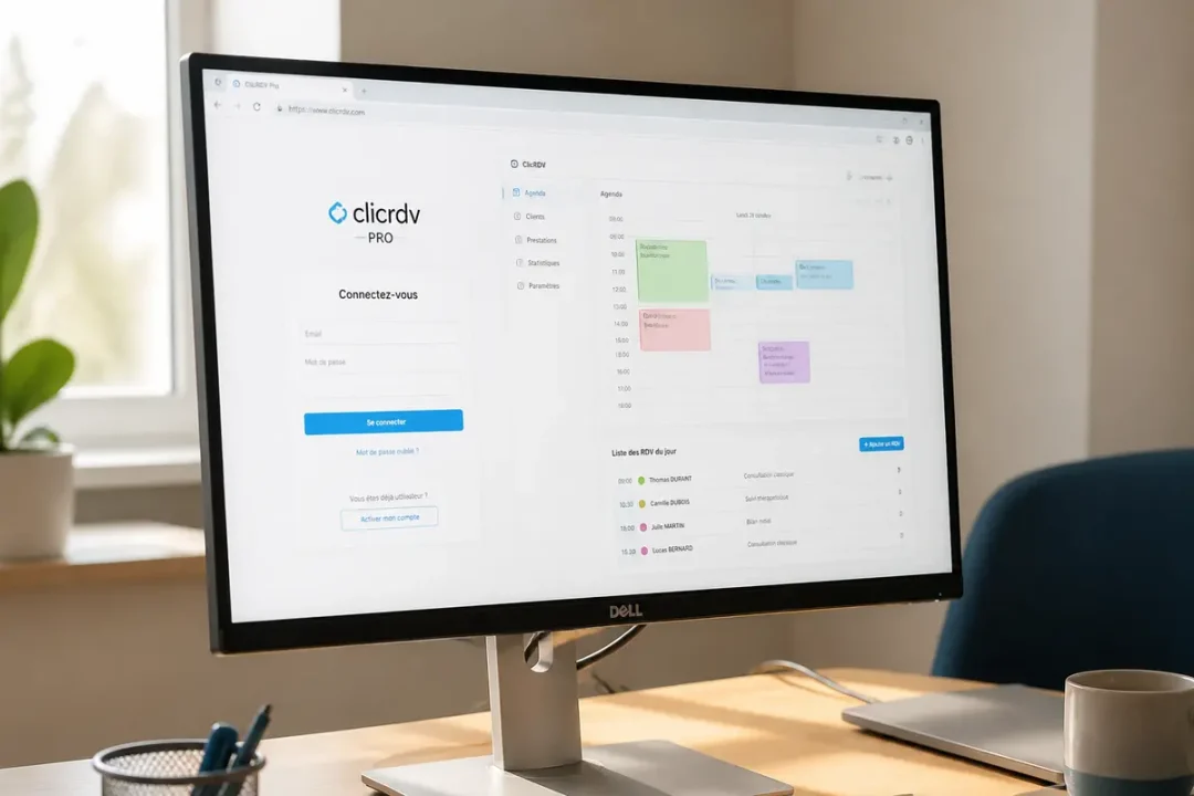Écran affichant l'agenda et l'interface client de ClicRDV Pro pour les professionnels