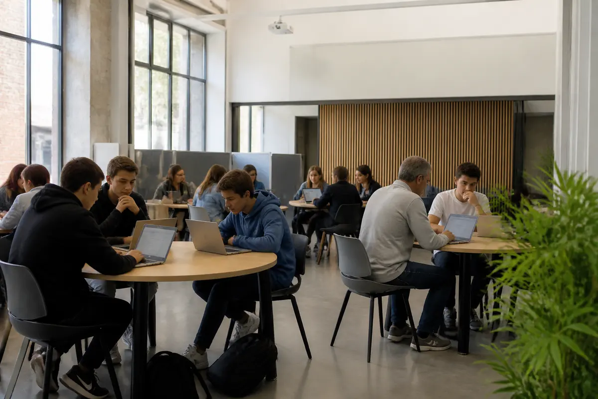 Étudiants et enseignants collaborent avec des ordinateurs à l'académie de Bordeaux convergence éducative.