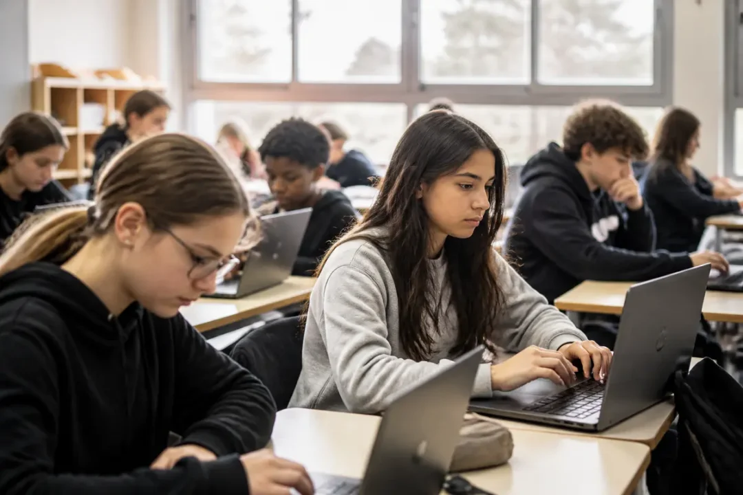 Élèves en classe travaillant sur ordinateurs portables au Cybercollège