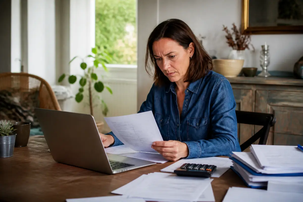 Femme concentrée sur documents Donfes, travaillant devant ordinateur à la maison