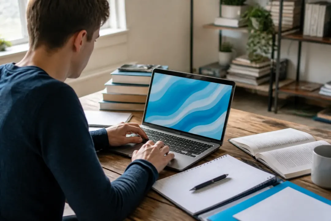 Homme étudiant en ligne avec Eduservices My Campus sur ordinateur portable dans un bureau.