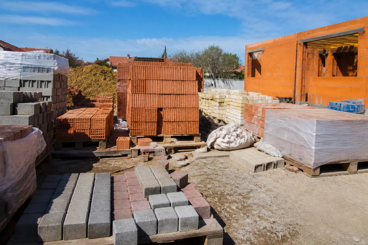 Matériaux de construction empilés : briques, pavés et parpaings sur chantier ensoleillé.