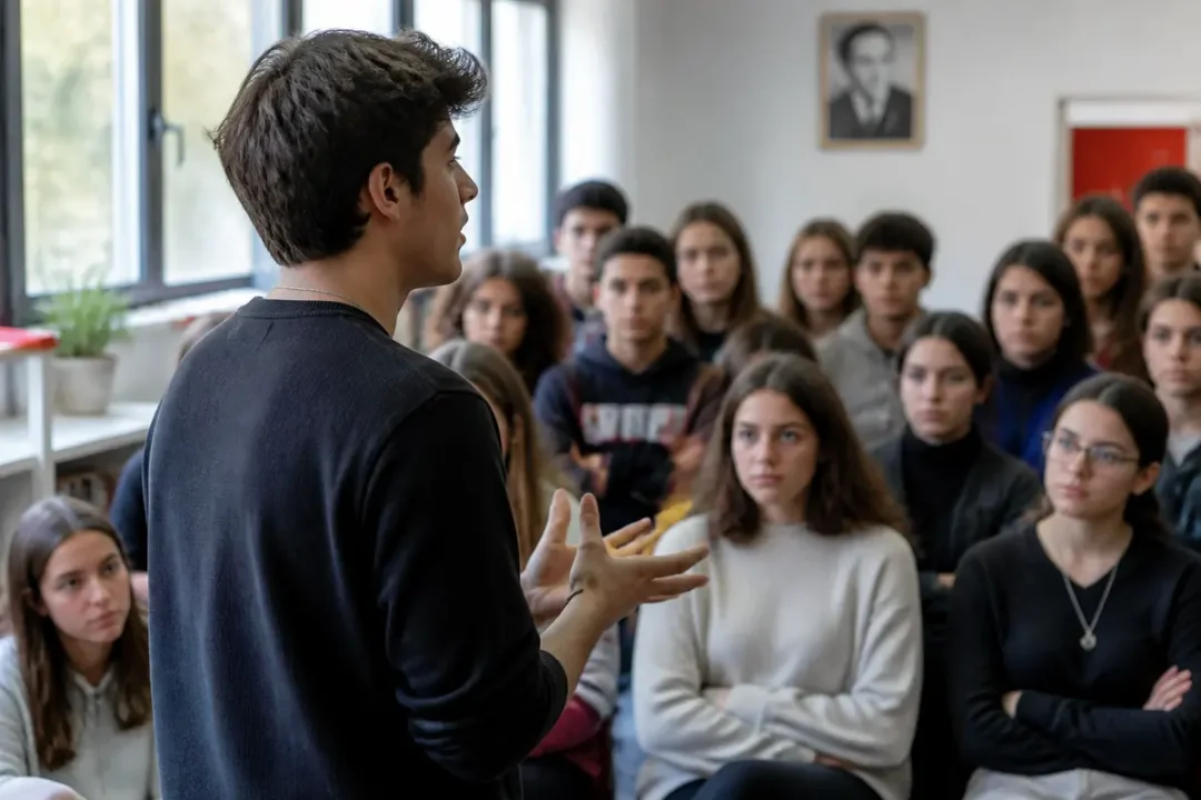 Un jeune homme prononce un discours de délégué original devant un groupe d'étudiants