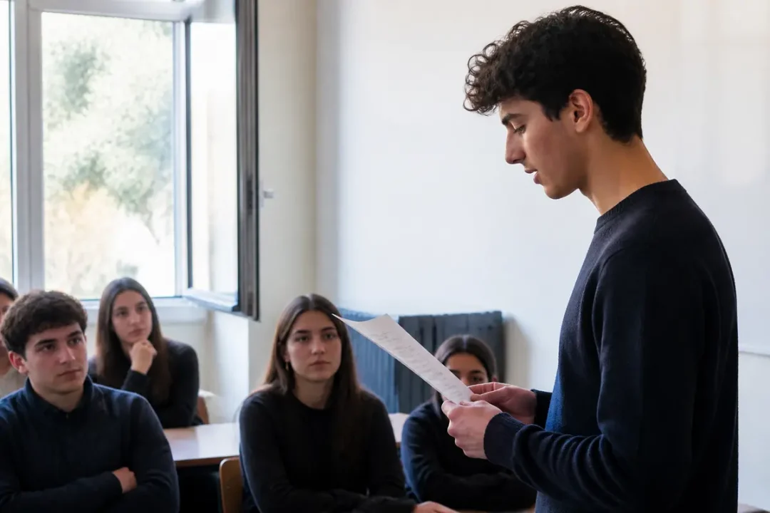 Un étudiant fait un exemple de discours de délégué devant sa classe attentive