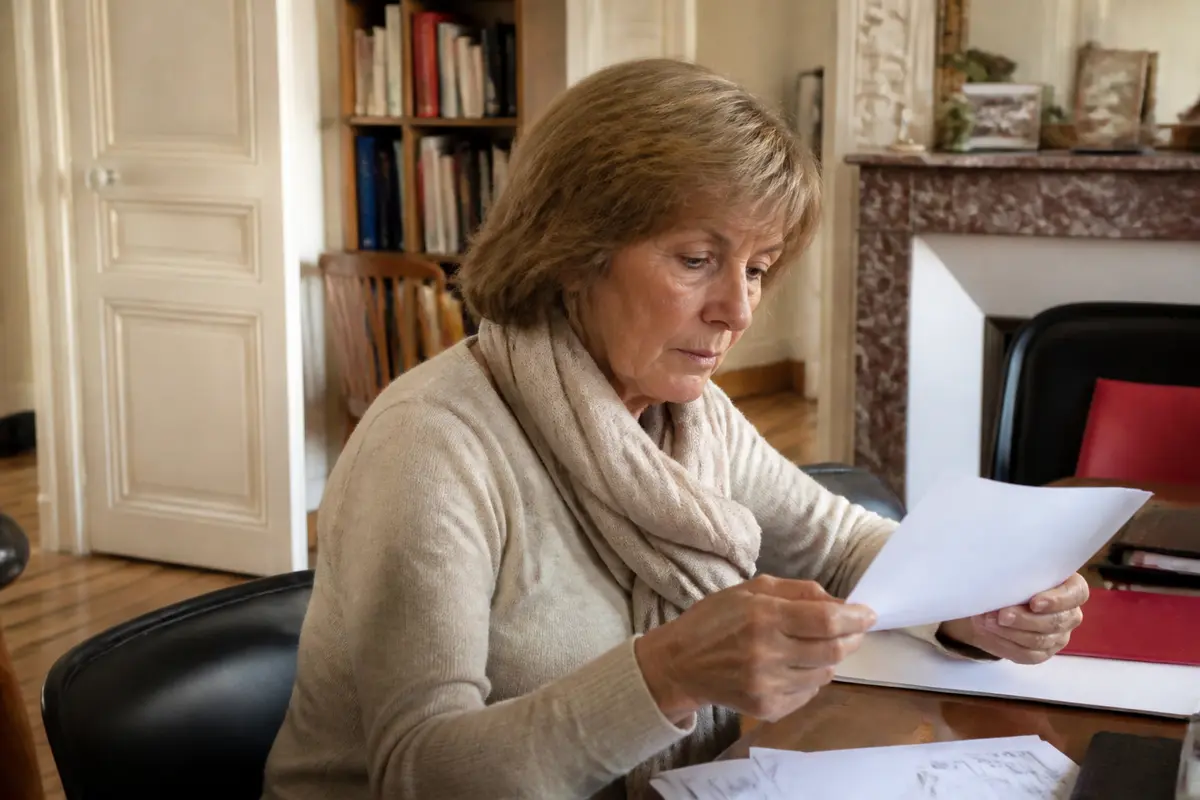Femme lisant des documents dans un salon, concernée par la fortune de Macha Méril