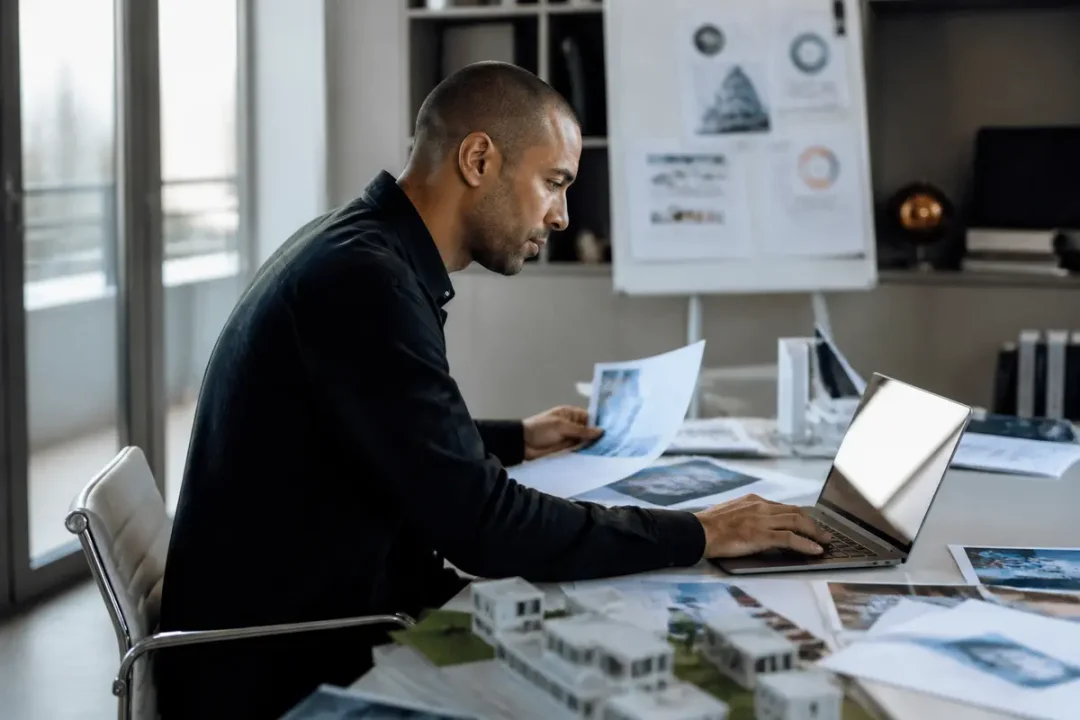 Un homme concentré sur des documents concernant la fortune de Tony Parker sur ordinateur portable.