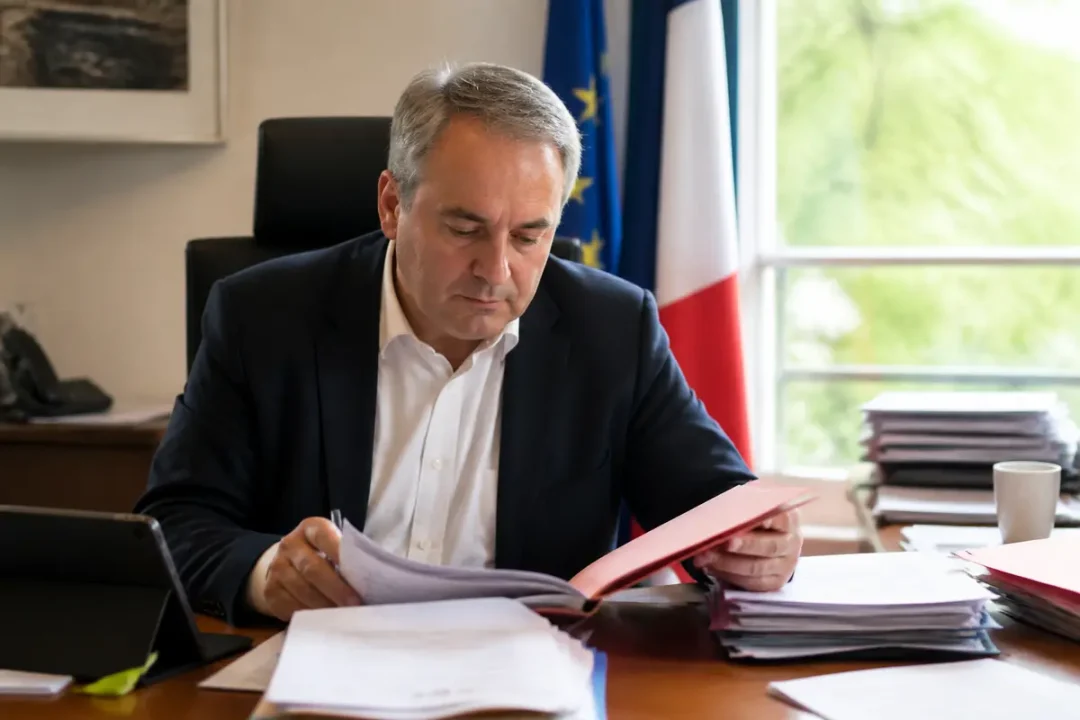 Homme au bureau examinant des documents posant des questions sur la fortune de Xavier Bertrand