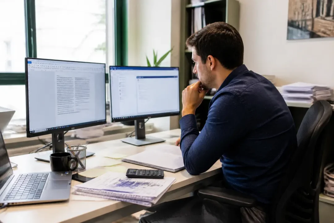 Homme travaillant sur ordinateur, calculant l'indemnité compensatrice de préavis dans un bureau moderne