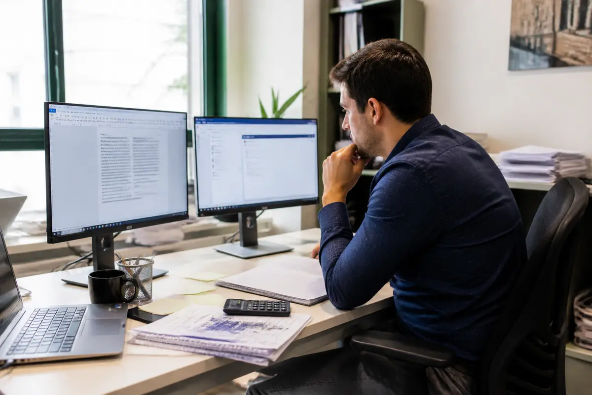 Homme travaillant sur ordinateur, calculant l'indemnité compensatrice de préavis dans un bureau moderne