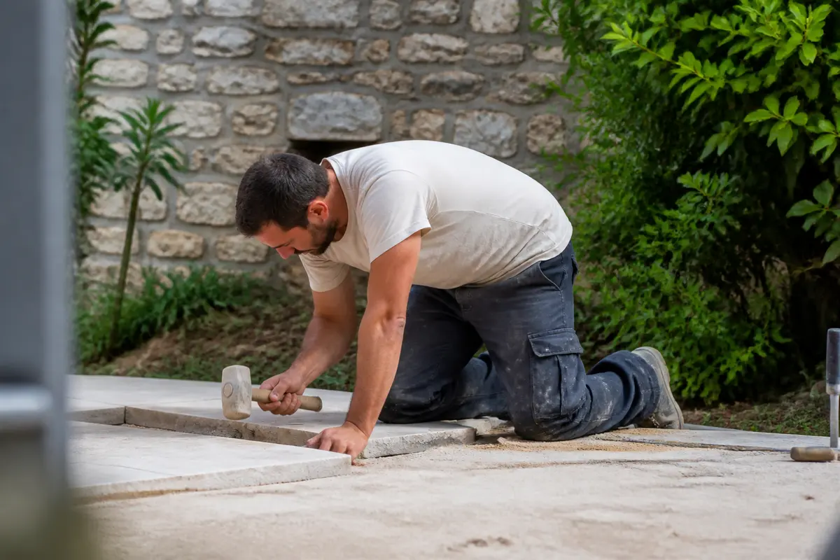 Ouvrier posant des pavés dans un jardin je reste à votre disposition pour toute information