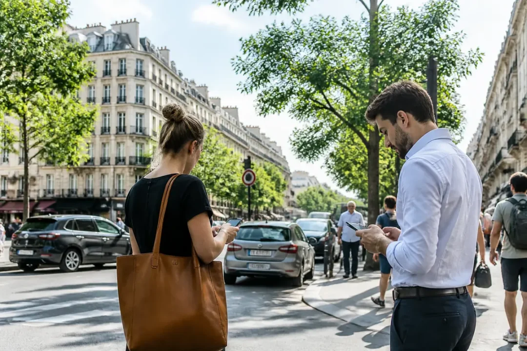 Des passants regardant leur téléphone sur une rue animée avec bâtiments de marque en W