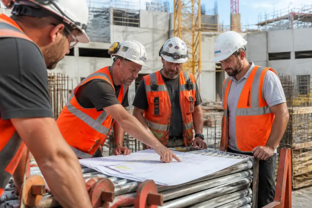 Ouvriers en réunion de chantier, étudiant un plan de prévention pour la sécurité des travaux