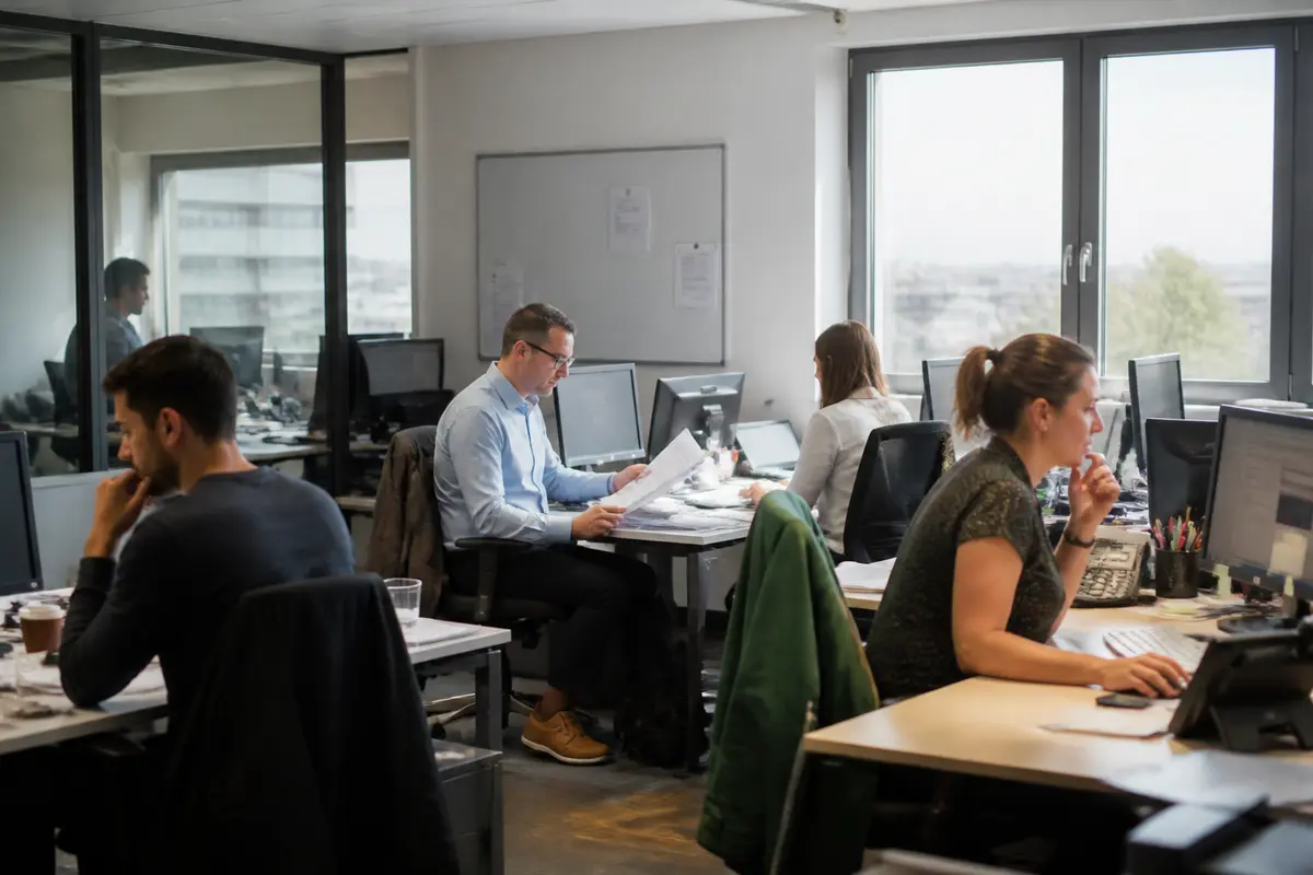 Employés travaillant dans un bureau moderne discutent pourquoi Philippe Heim a quitté La Banque Postale
