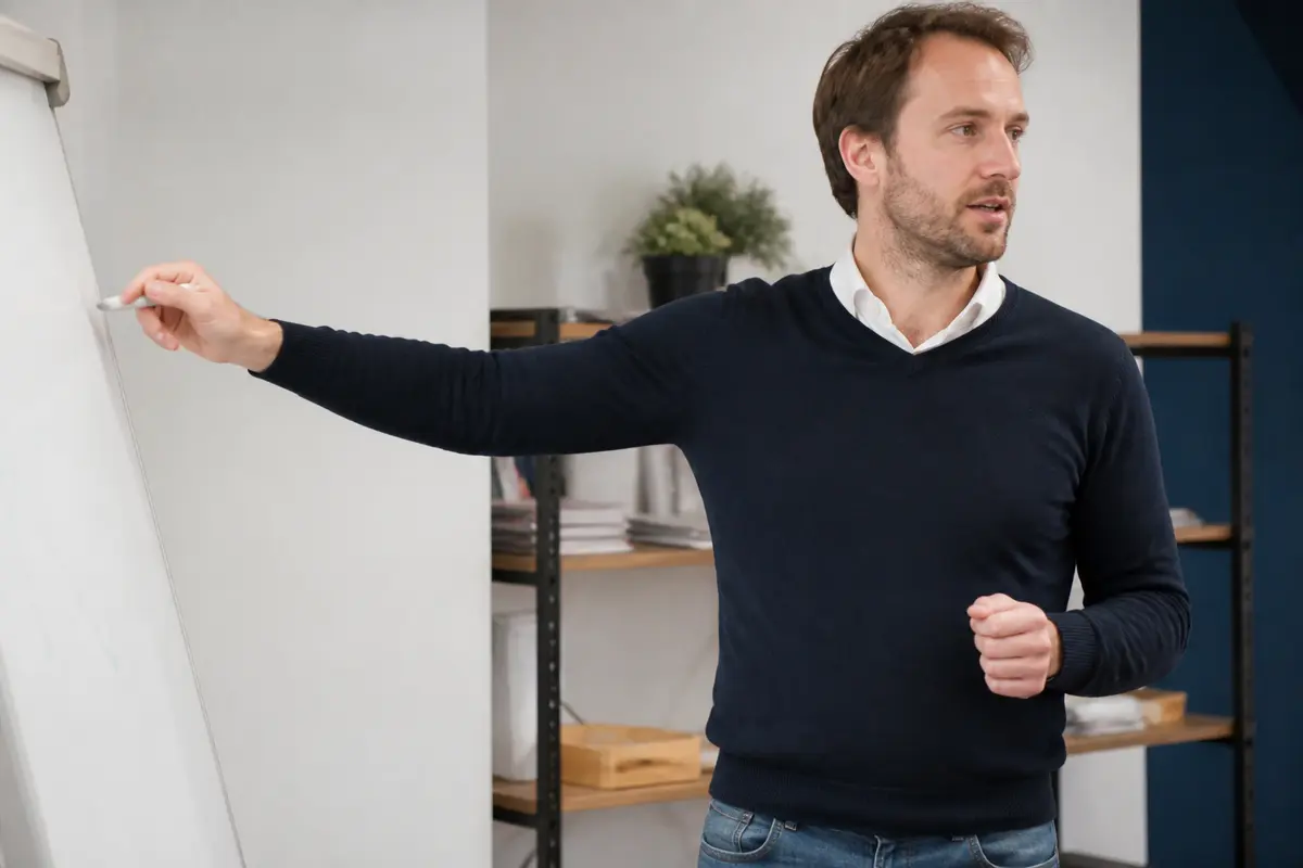 Homme expliquant le processus de Qualiopi sur tableau blanc dans bureau moderne.