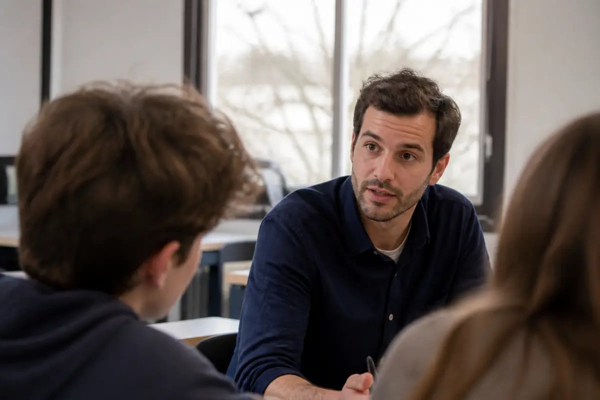 Un adulte discute avec des étudiants sur le salaire du conseiller principal d'éducation