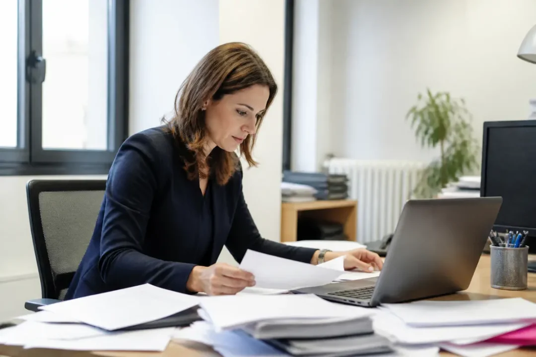 Femme travaillant à un bureau avec ordinateur, évoquant le salaire de Myriam Seurat
