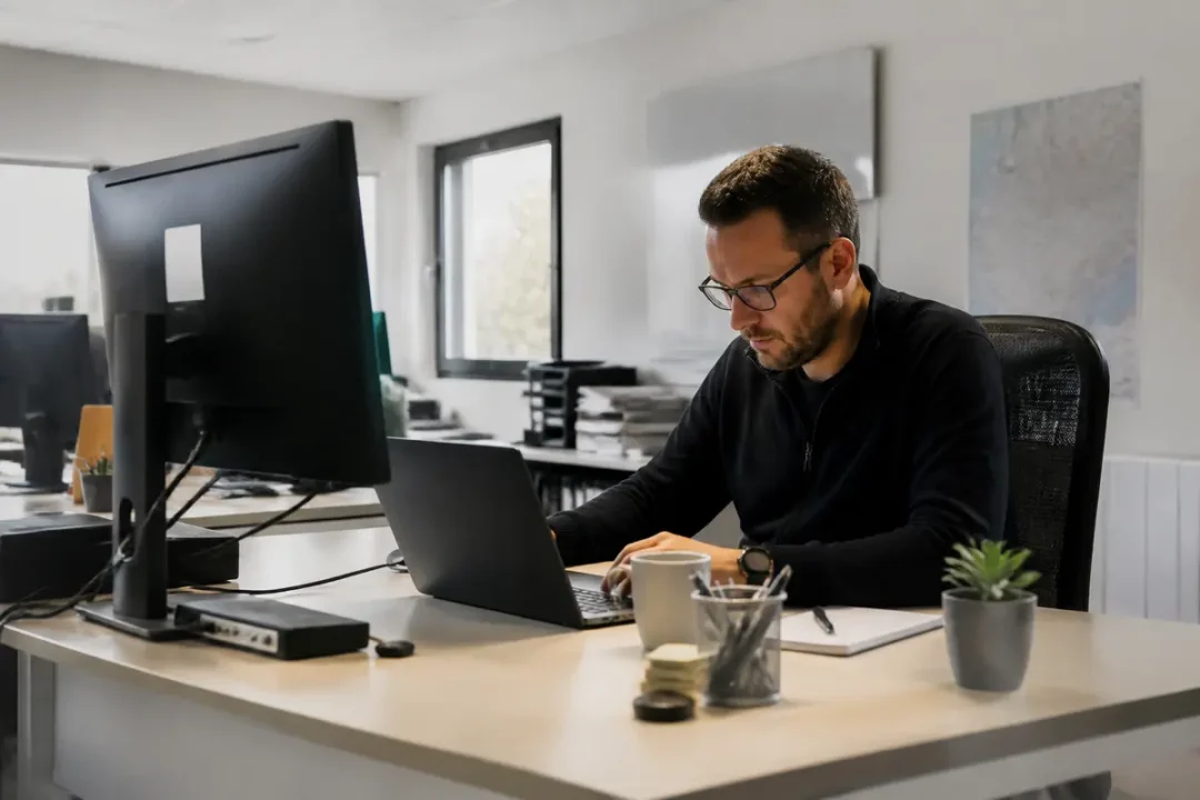 Homme travaillant sur ordinateur dans un bureau moderne avec unités en entreprise visible