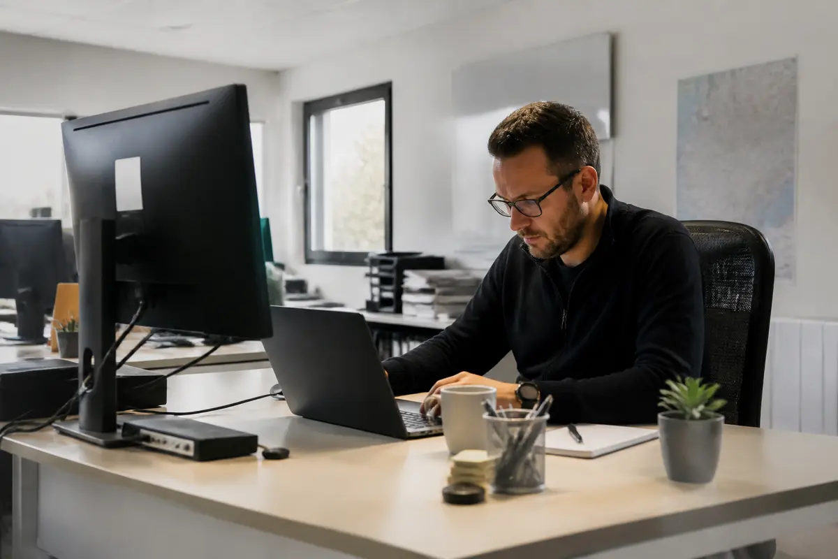 Homme travaillant sur ordinateur dans un bureau moderne avec unités en entreprise visible