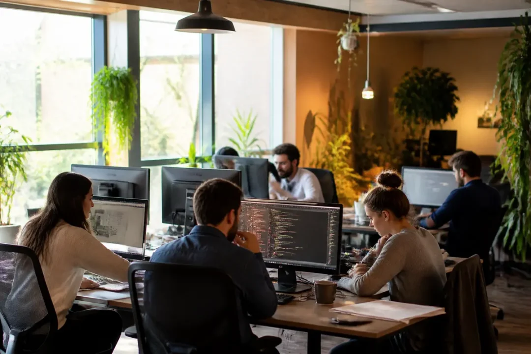 Personnes travaillant devant des ordinateurs dans un bureau moderne pour Work at Web