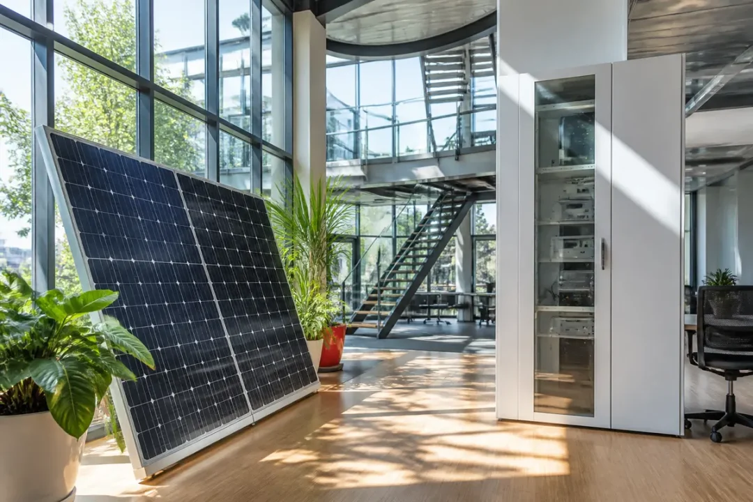 Panneau solaire dans un bureau moderne éclairé par le soleil, aperçu sur ies-consulting.fr