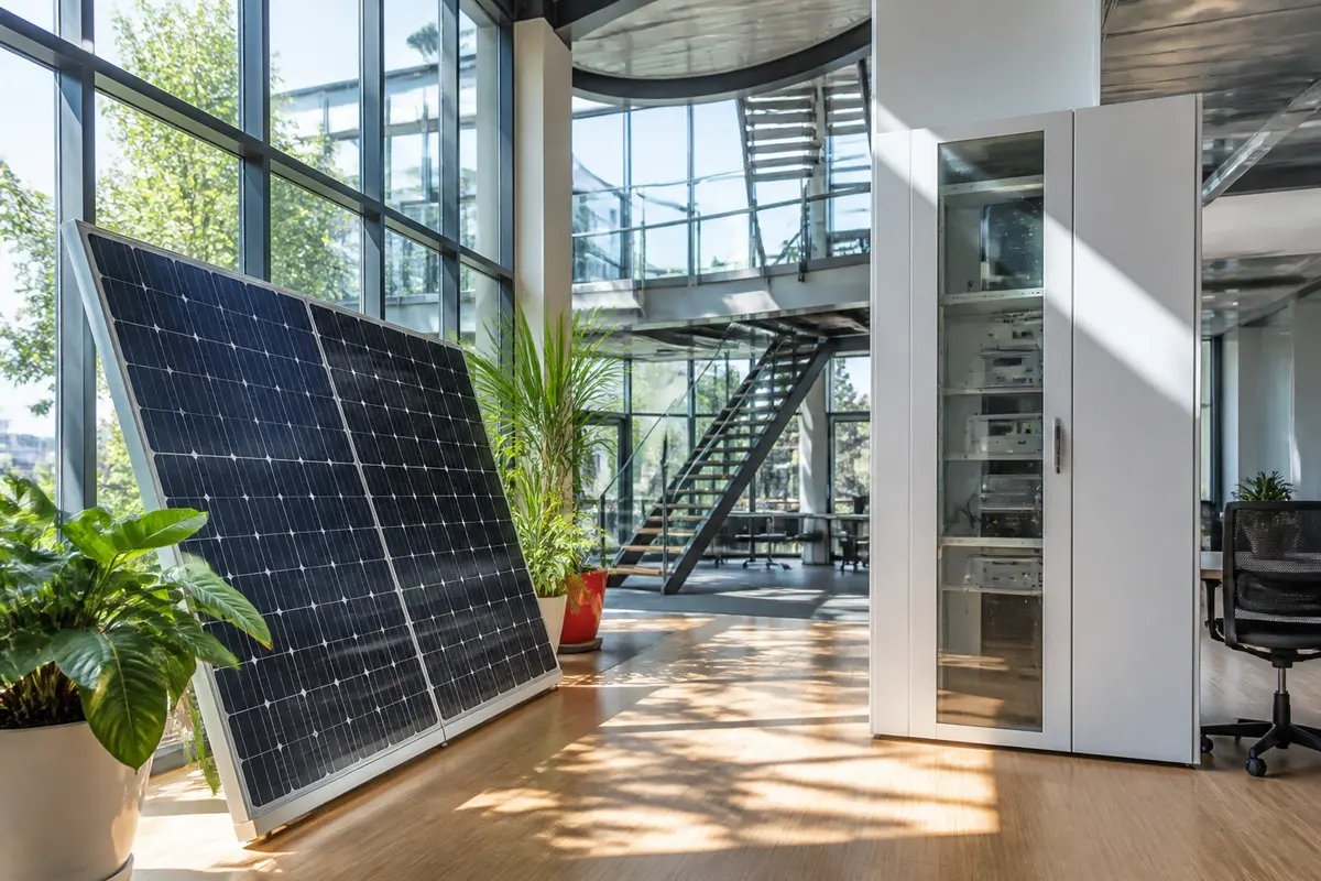 Panneau solaire dans un bureau moderne éclairé par le soleil, aperçu sur ies-consulting.fr